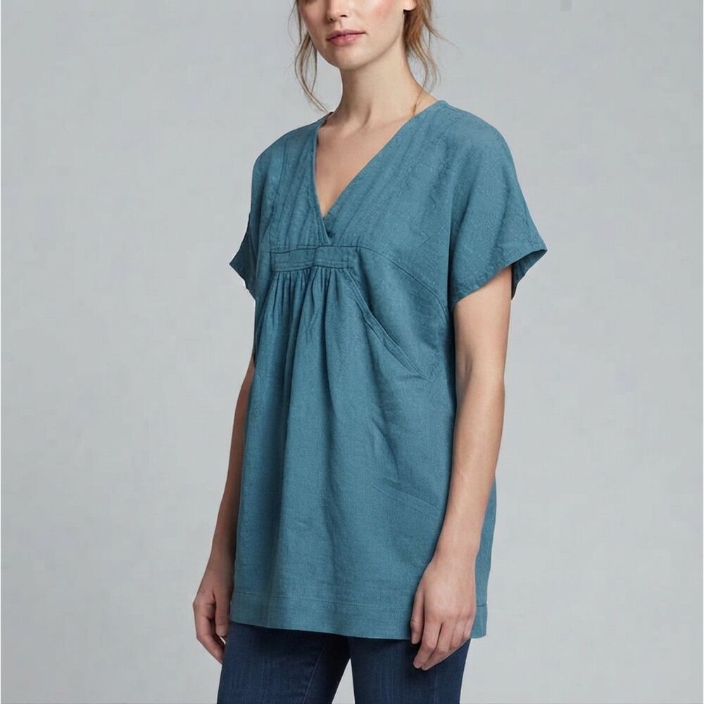 Johnny Was Calmé Hemp Organic Cotton Tunic Top Medium V-Neck Blue Flaws